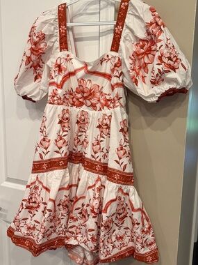 FARM Rio White Dress with Red Floral Print and Puff Sleeves